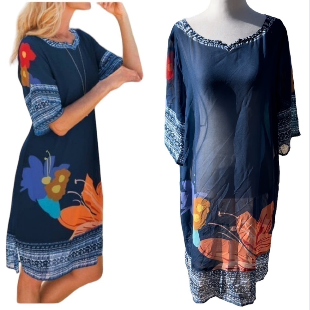 Soft Surroundings Hibiscus Beach Coverup, sheer, tropical, summer size Large